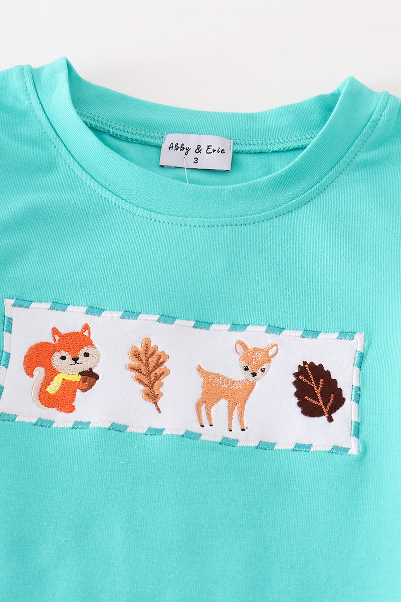 Forest Animal Embroidered Teal Plaid Boy Set