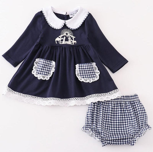 Nativity Embroidered Navy Gingham Girl Bloomers Set