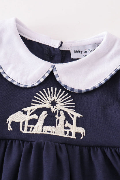 Nativity Embroidered Navy Gingham Girl Bloomers Set