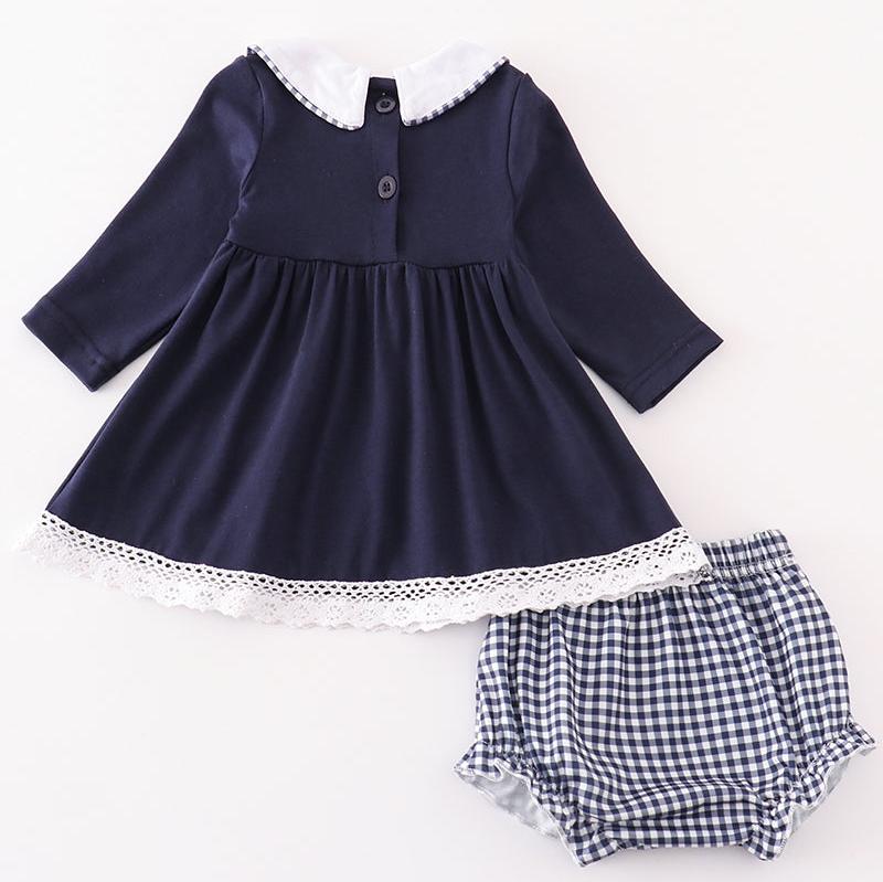 Nativity Embroidered Navy Gingham Girl Bloomers Set