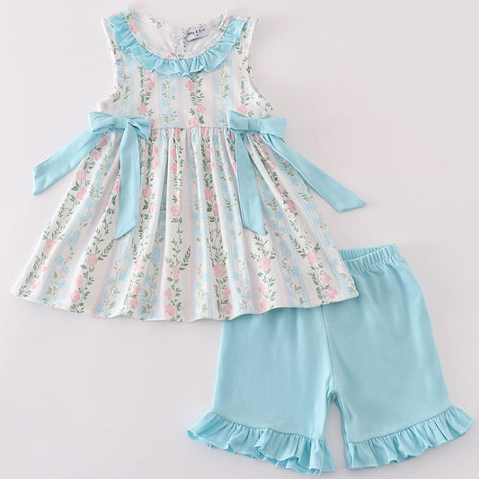 Jasmine Blue Floral Print Ruffle Girl Shorts Set