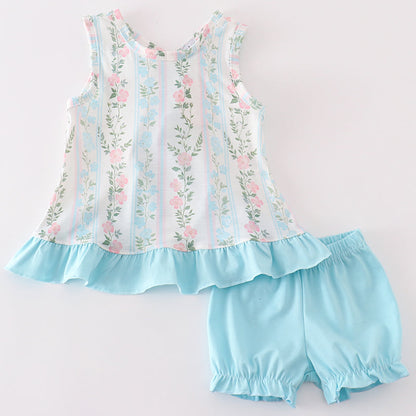 Jasmine Blue Floral Print Ruffle Girl Bloomers Set