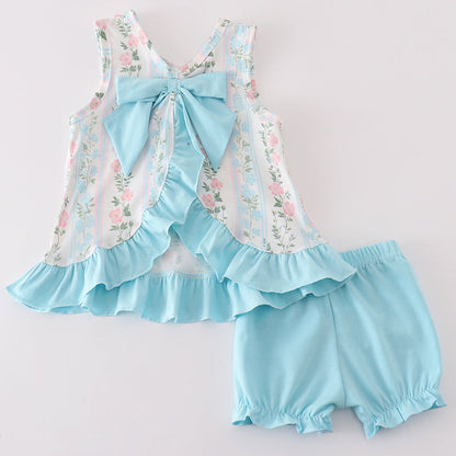 Jasmine Blue Floral Print Ruffle Girl Bloomers Set