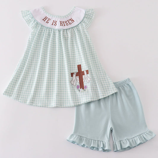 He is Risen Embroidered Gingham Girl Shorts Set