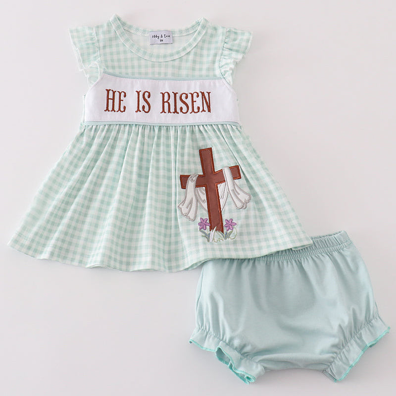 He is Risen Embroidered Gingham Girl Bloomers Set