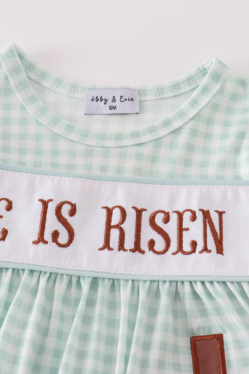 He is Risen Embroidered Gingham Girl Bloomers Set