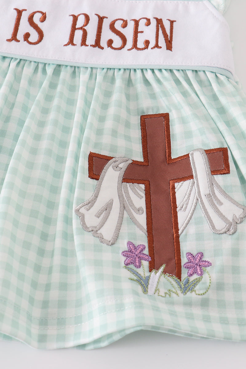 He is Risen Embroidered Gingham Girl Bloomers Set