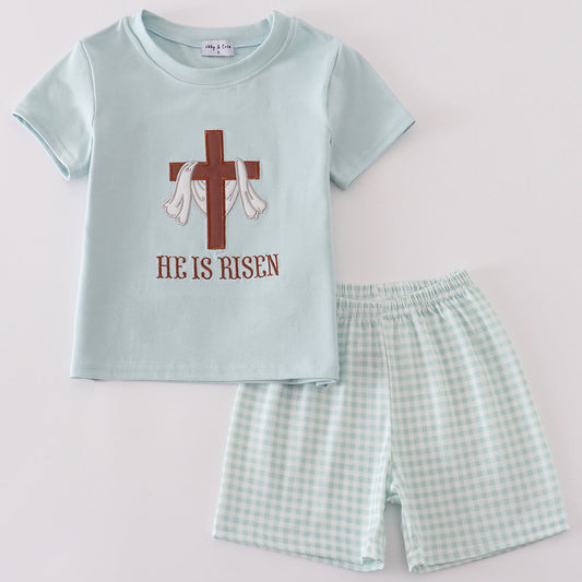 He is Risen Embroidered Gingham Boy Shorts Set