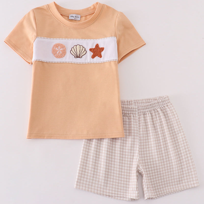 Khaki French Knot Sea Shells Boy Shorts Set