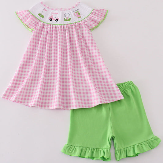 Golf Embroidered Pink Gingham Smocked Girl Shorts Set