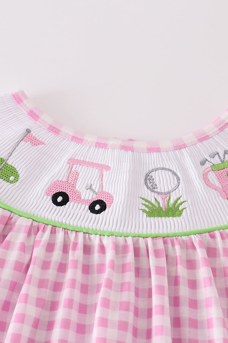 Golf Embroidered Pink Gingham Smocked Girl Shorts Set