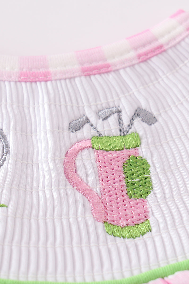 Golf Embroidered Pink Gingham Smocked Girl Shorts Set