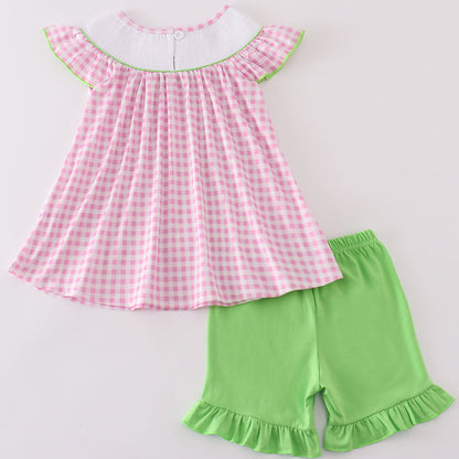 Golf Embroidered Pink Gingham Smocked Girl Shorts Set