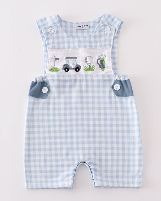 Golf Embroidered Blue Gingham Smocked Boy JonJon