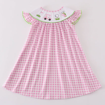 Golf Embroidered Pink Gingham Smocked Dress