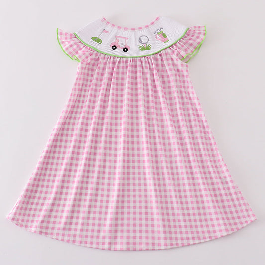 Golf Embroidered Pink Gingham Smocked Dress