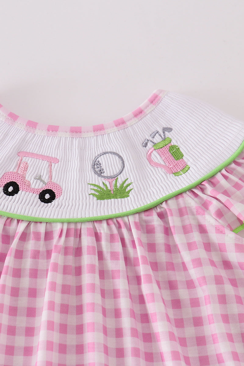 Golf Embroidered Pink Gingham Smocked Dress