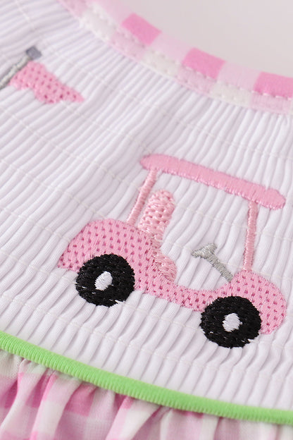 Golf Embroidered Pink Gingham Smocked Dress