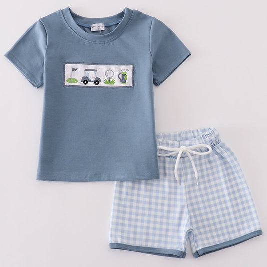 Golf Embroidered Blue Smocked Boy Shorts Set