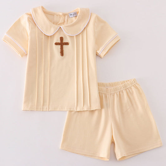 French Knot Cross Beige Boy Shorts Set