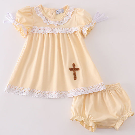 French Knot Cross Beige Girl Bloomers Set