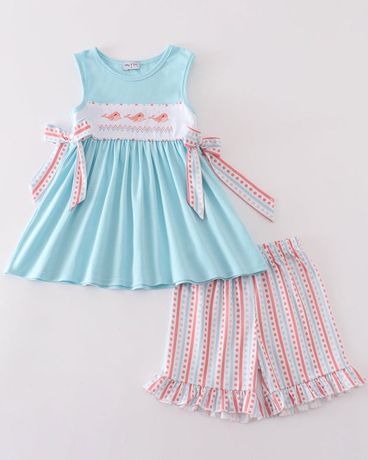 Whale Embroidered Blue Girl Shorts Set