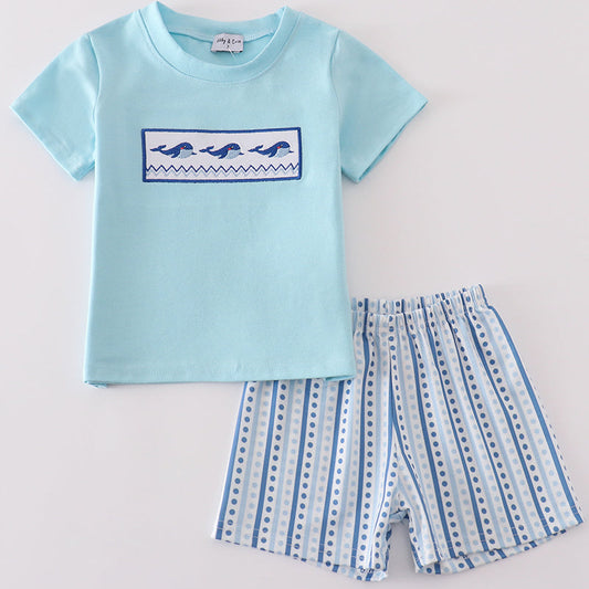 Whale Embroidered Blue Boy Shorts Set