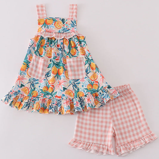 Citrus Bloom Print Girl Shorts Set