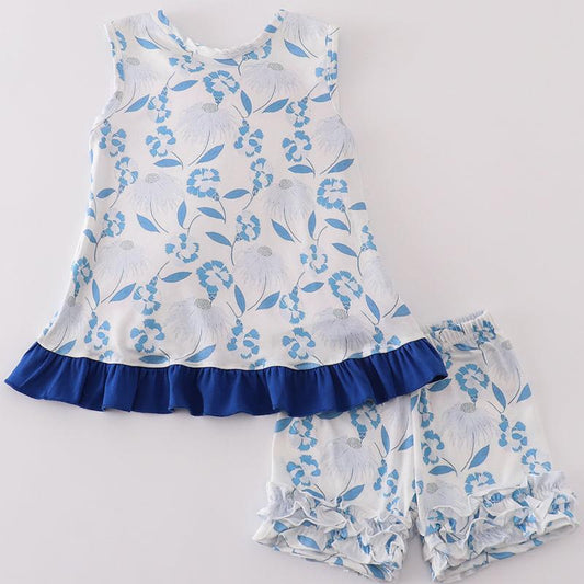 Blue Pretty Petals Print Girl Shorts Set