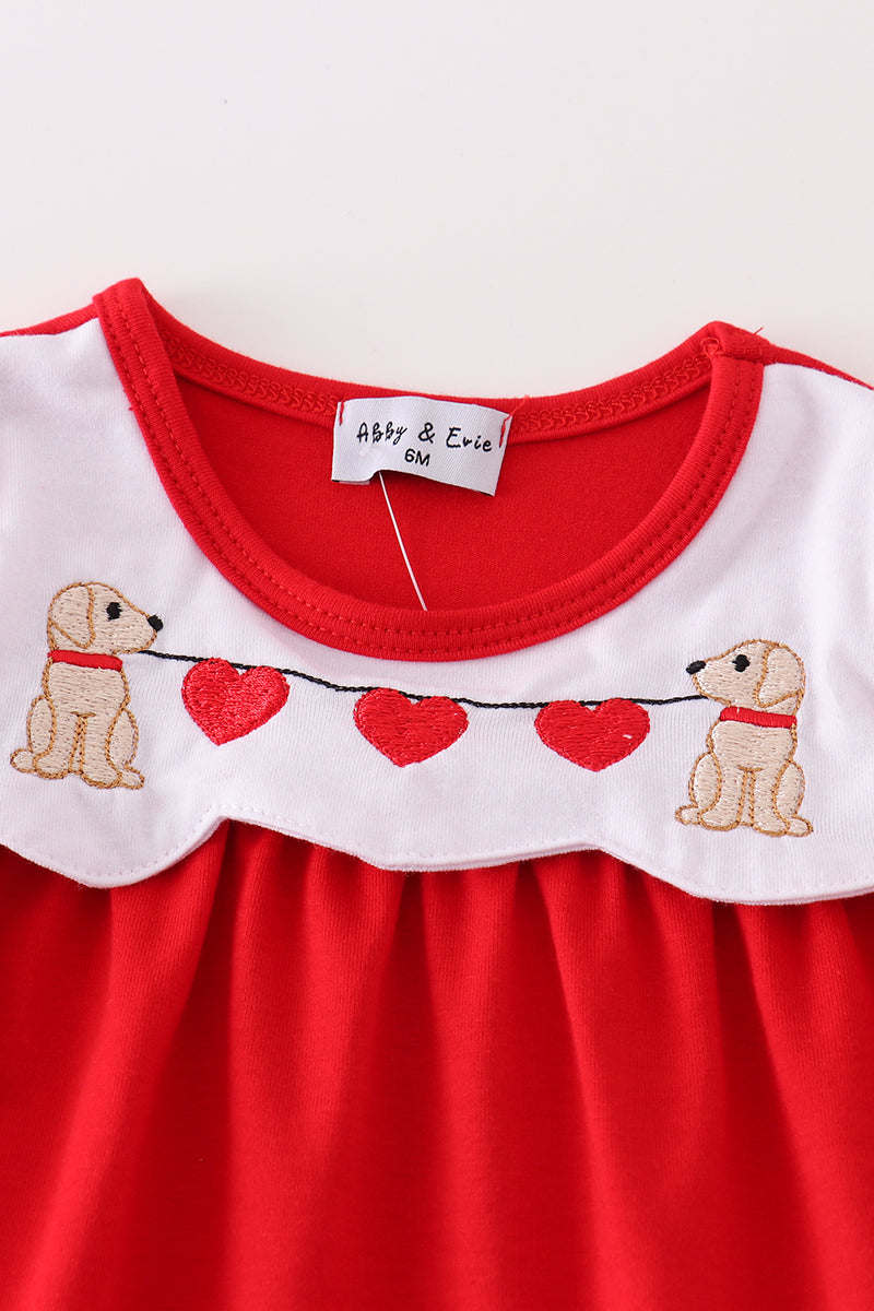 Valentine's Day Puppy Embroidered Red Girl Bloomers Set