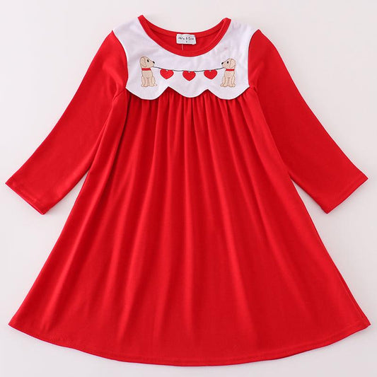 Valentine's Day Puppy Embroidered Red Dress