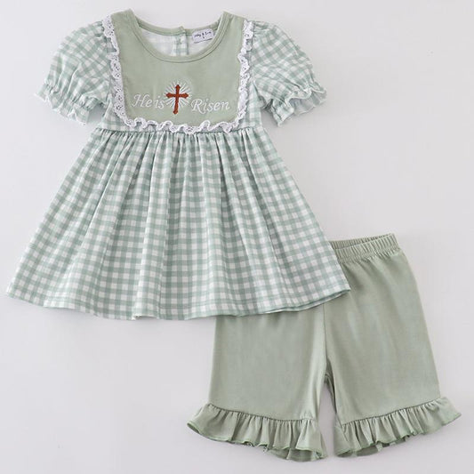 He is Risen Cross Embroidered Sage Girl Set