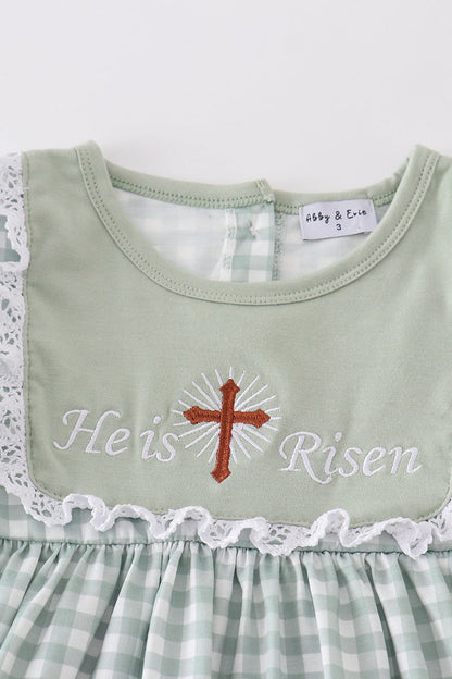 He is Risen Cross Embroidered Sage Girl Set