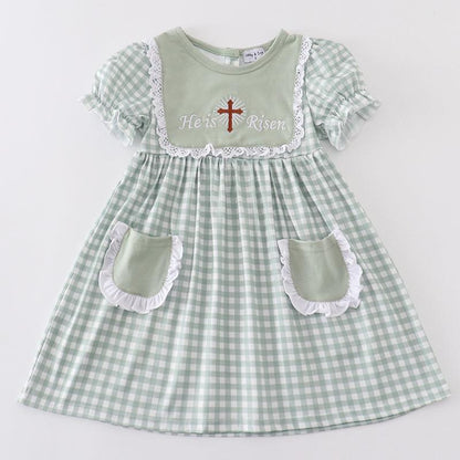 He is Risen Cross Embroidered Sage Dress