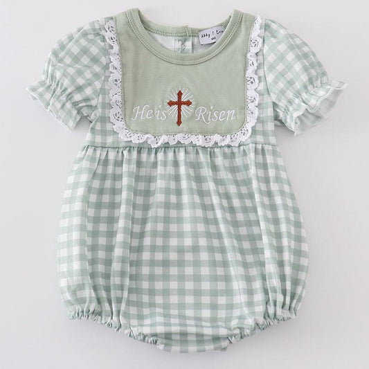 He is Risen Cross Embroidered Sage Girl Bubble