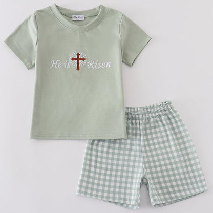 He is Risen Cross Embroidered Sage Boy Set