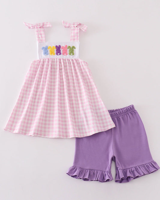 Bunny French Knot Pink Gingham Girl Shorts Set