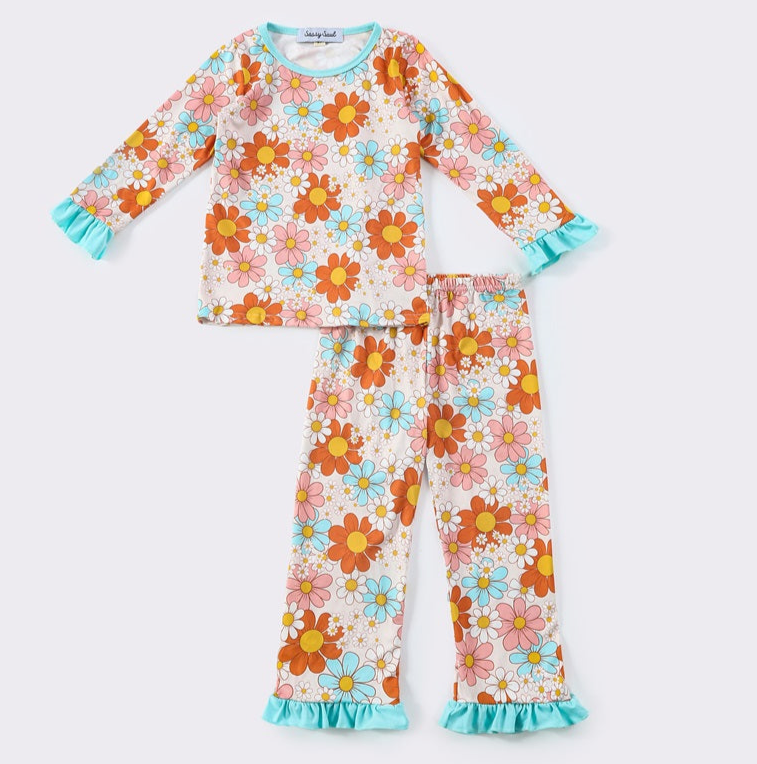 Ansley Orange Floral Ruffle Pajamas Set