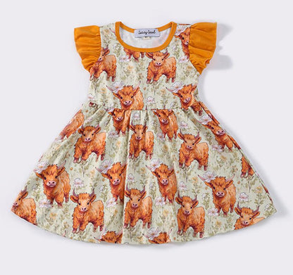 Highland Cow Print Ruffle Dress