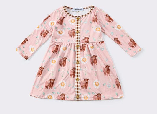 Highland Cow Pink Button Dress