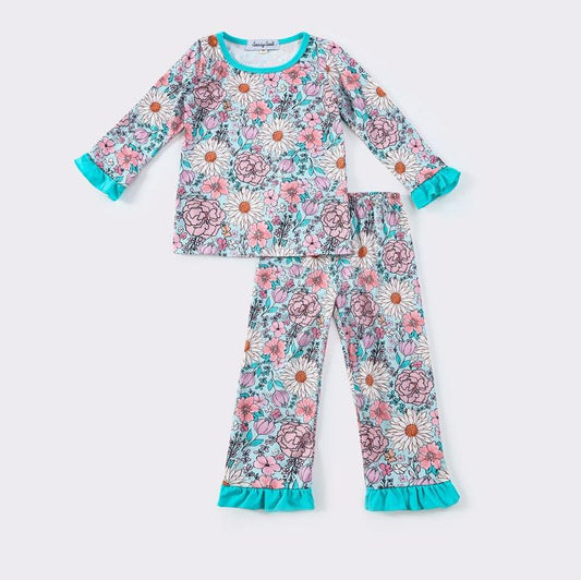 Hannah Blue Floral Ruffle Pajamas Set