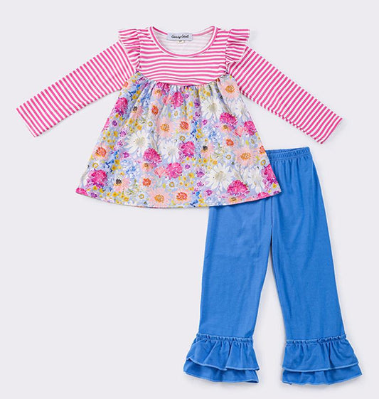 Della Pink Floral Stripe Girl Pants Set