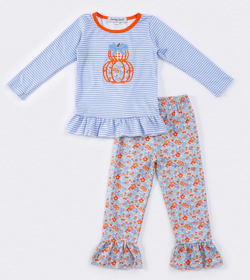 Blue Stripe Pumpkin Applique Girl Set