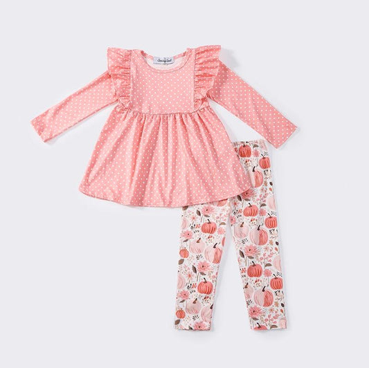 Pink Pumpkin Floral Print Ruffle Set