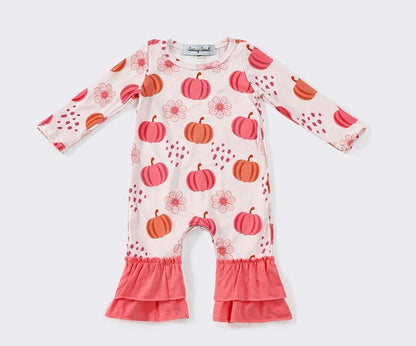 Pink Pumpkin Daze Print Ruffle Romper