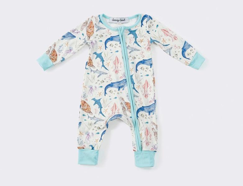 Under the Sea Print Blue Baby Romper