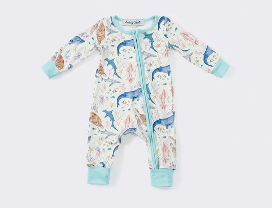 Under the Sea Print Blue Baby Romper