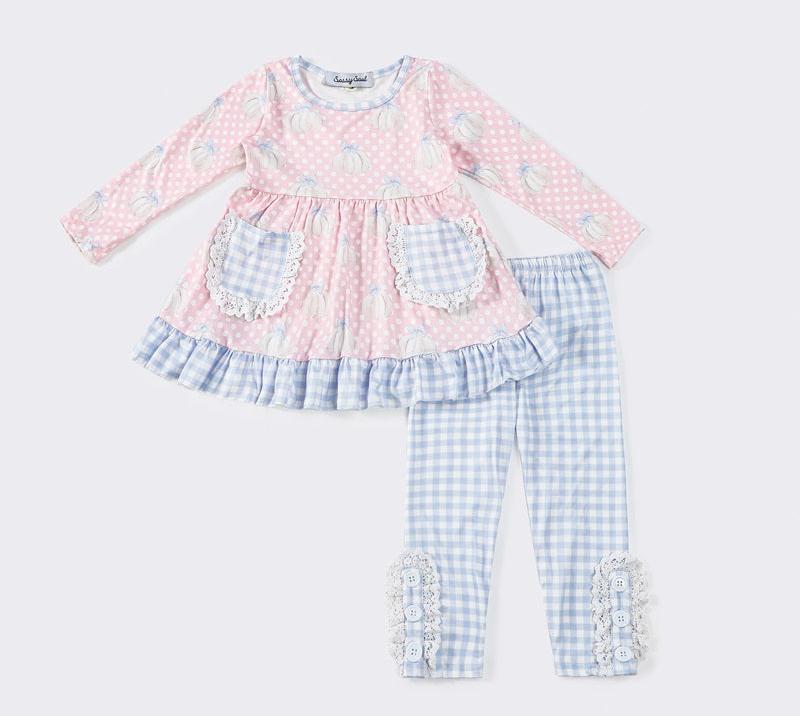 Pumpkin Plaid Print Ruffle Pants Set