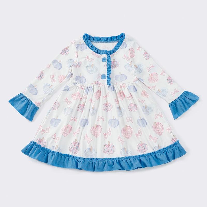 Blue Bloom Pumpkin Print Ruffle Dress