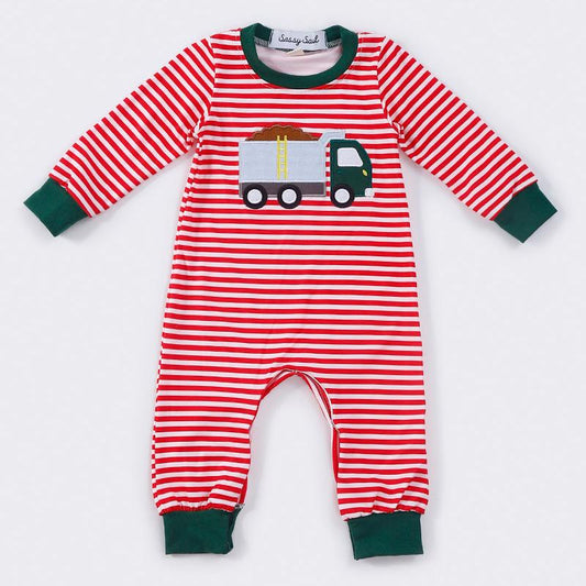 Red Stripe Dump Truck Applique Boy Romper